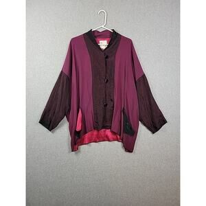 Xiao Purple Artsy Asian Motif LS Button Up Light Jacket Women's Large Pockets
